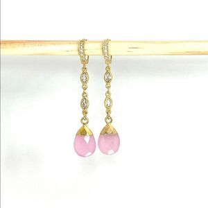 Pink long dangle earrings on gold huggie hoops for women